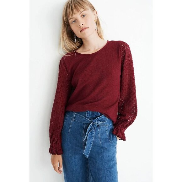 Madewell Texture & Thread Eyelet Mix Ruffle-Sleeve Top in Wine Red Size L - Picture 9 of 12